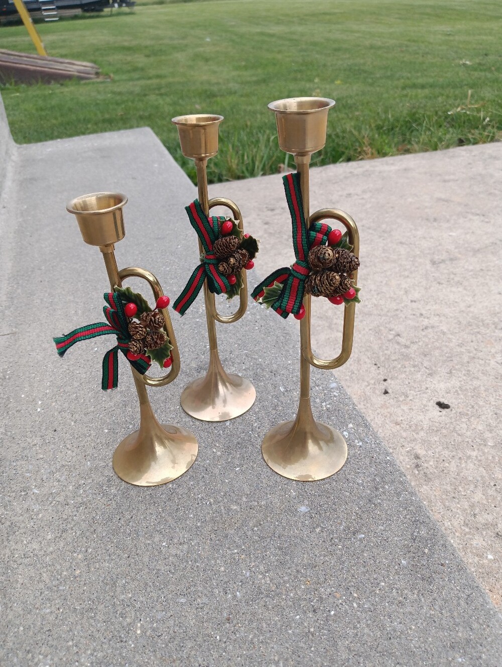 Set Of 3 Vintage Brass Horn Trumpet Candle Holders